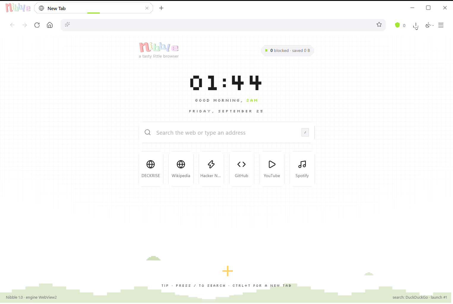 Nibble browser home screen with a minimal search interface